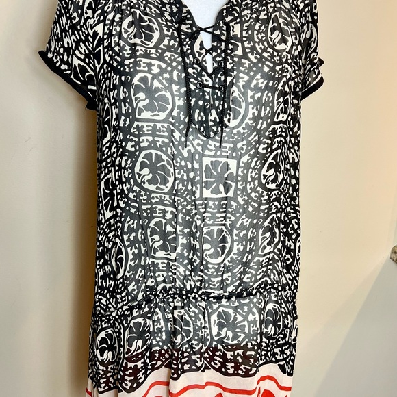 ANNA SUI Black Red Sheer Silk Border Print Lace Up Dress w Flounce. Size XS - Picture 7 of 10